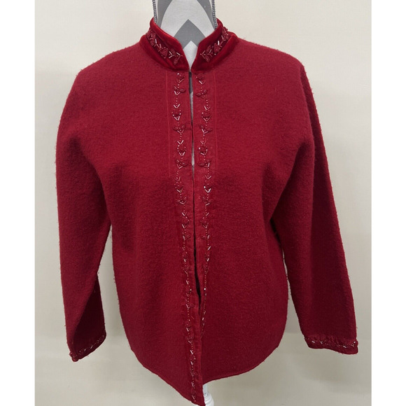 Vintage Alexandra Bartlett Wool Cardigan Red Embroidered Beaded Sweater Small FS - Picture 1 of 12